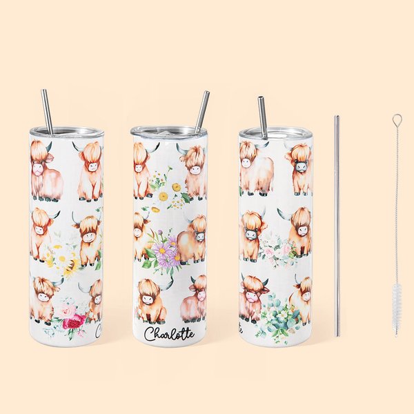 Vaso Personalizado Boho Floral Vaca de las Tierras Altas 20oz 30oz con Nombre y Pajita Regalo de Cumpleaños para Amante de las Vacas de las Tierras Al