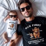 Personalized Cute Highland Cow 100% Cotton Baby Onesie T-shirt Parent-child Clothing with Name and Year First Father's Day Gift for Newborn New Dad