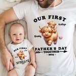 Personalized Cute Highland Cow 100% Cotton Baby Onesie T-shirt Parent-child Clothing with Name and Year First Father's Day Gift for Newborn New Dad