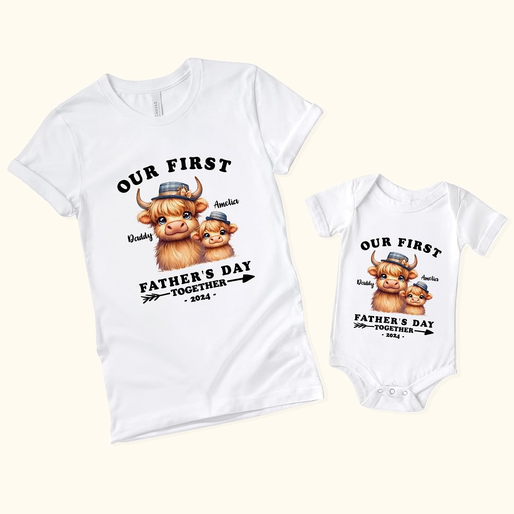 T-shirt Onesie Bébé 100% Coton Personnalisé avec Nom Vêtements Parents-enfants Vache de Highland Cadeau Fête des Pères pour Nouveau Papa