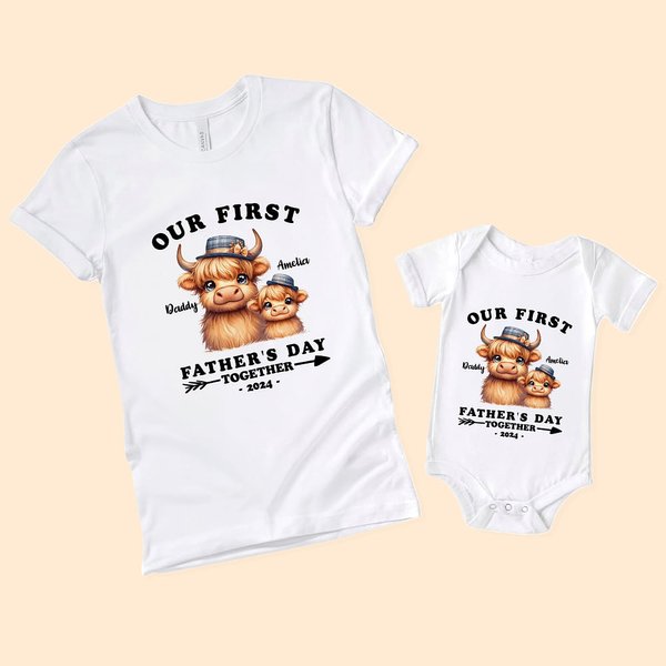 Cute Highland Cow Baby Onesie with Name & Year - First Father's Day Gift