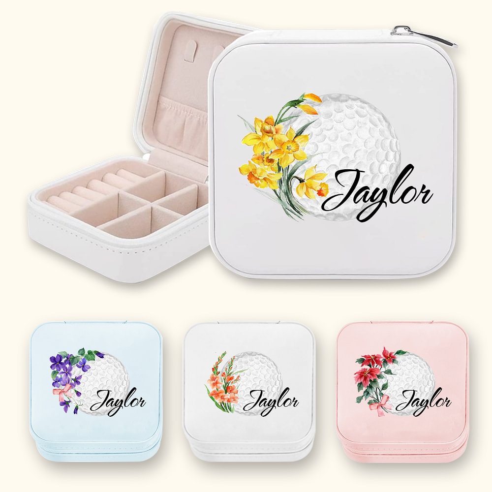 Boîte à Bijoux en Cuir Personnalisée avec Nom et Fleur de Naissance à Golf Accessoire de Voyage Cadeau Anniversaire pour Femme Amatrice de Golf