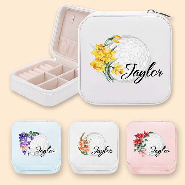 Boîte à Bijoux en Cuir Personnalisée avec Nom et Fleur de Naissance à Golf Accessoire de Voyage Cadeau Anniversaire pour Femme Amatrice de Golf