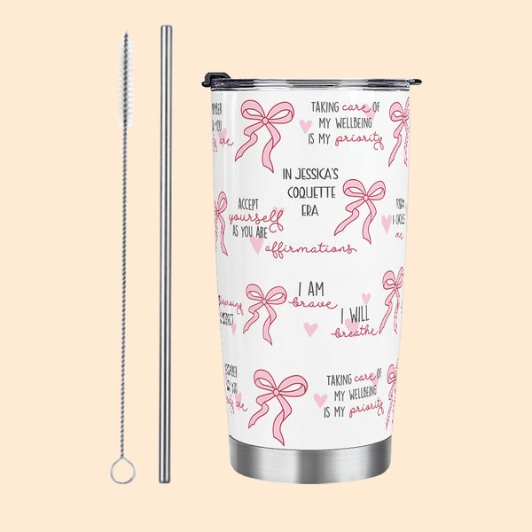 Personalized Coquette Bow 20oz Text Tumbler with Straw Anniversary Inspire Birthday Gift for Her