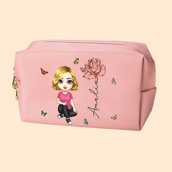 Personalisierte Niedliche Cartoon-Figur Geburtsblume Kosmetiktasche mit Namen Schminktasche Geburtstag Jahrestag Geschenk für Mädchen Damen