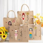 Sac Cabas en Toile de Jute Personnalisé avec Personnage Fleur de Naissance et Nom Cadeau Anniversaire pour Femme Fille