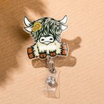 Personalised Cute Sunflower Highland Cow Retractable Acrylic Badge Reel ID Clip with Name Birthday Gift for Highland Cow Lovers