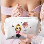 Personalised Birth Flower Cute Women Girl Cosmetic Bag with Name Birthday Anniversary Gift for Her