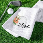 Gepersonaliseerde Zachte Geboortebloem Dames Golfhanddoek met Naam en Opknoping Clip Super Absorberend Verjaardagscadeau voor Golfliefhebbers