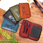 Personalized Birth Flower Name Leather Notebook Organizer with Notebook and Pen Storage Travel Accessory Birthday Gift for Travel Lovers