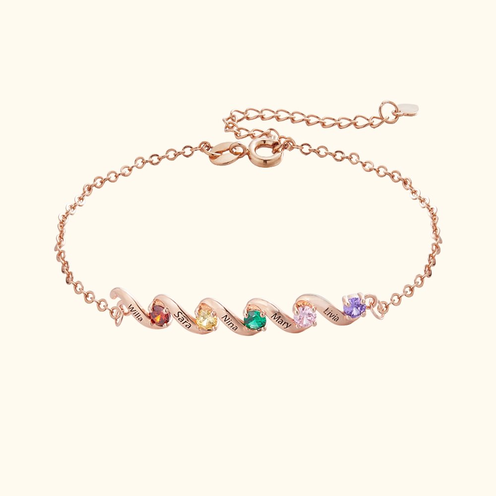 Bracelet Personnalisé avec 1-6 Pierres de Naissances et Noms Gravés Cadeau Noël Anniversaire pour Maman Grand-Mère Famille