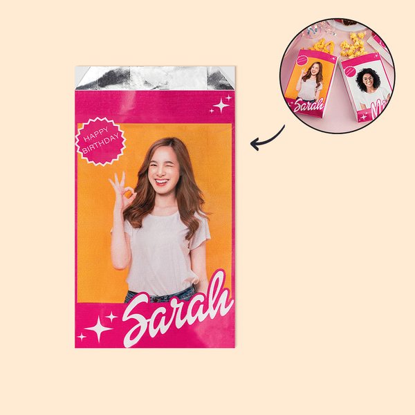 Personalized Oil-Proof Pink Doll Photo Name Treat Bags Set of 5 Birthday Graduation Party Favor Gift for Girl