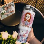 Personalized Cute Cartoon Girl Pink Flower Butterfly 40oz Tumbler with Name Birthday Anniversary Friendship Gift for Women