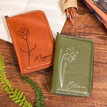 Personalized Birth Flower Name Leather Notebook Organizer with Notebook and Pen Storage Travel Accessory Birthday Gift for Travel Lovers