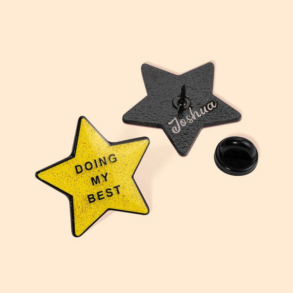 Personalized Doing My Best Pin Glittery Gold Star Brooch with Backside Text and Rainbow Card Encouraging Birthday Gift for Friend Colleagues Family