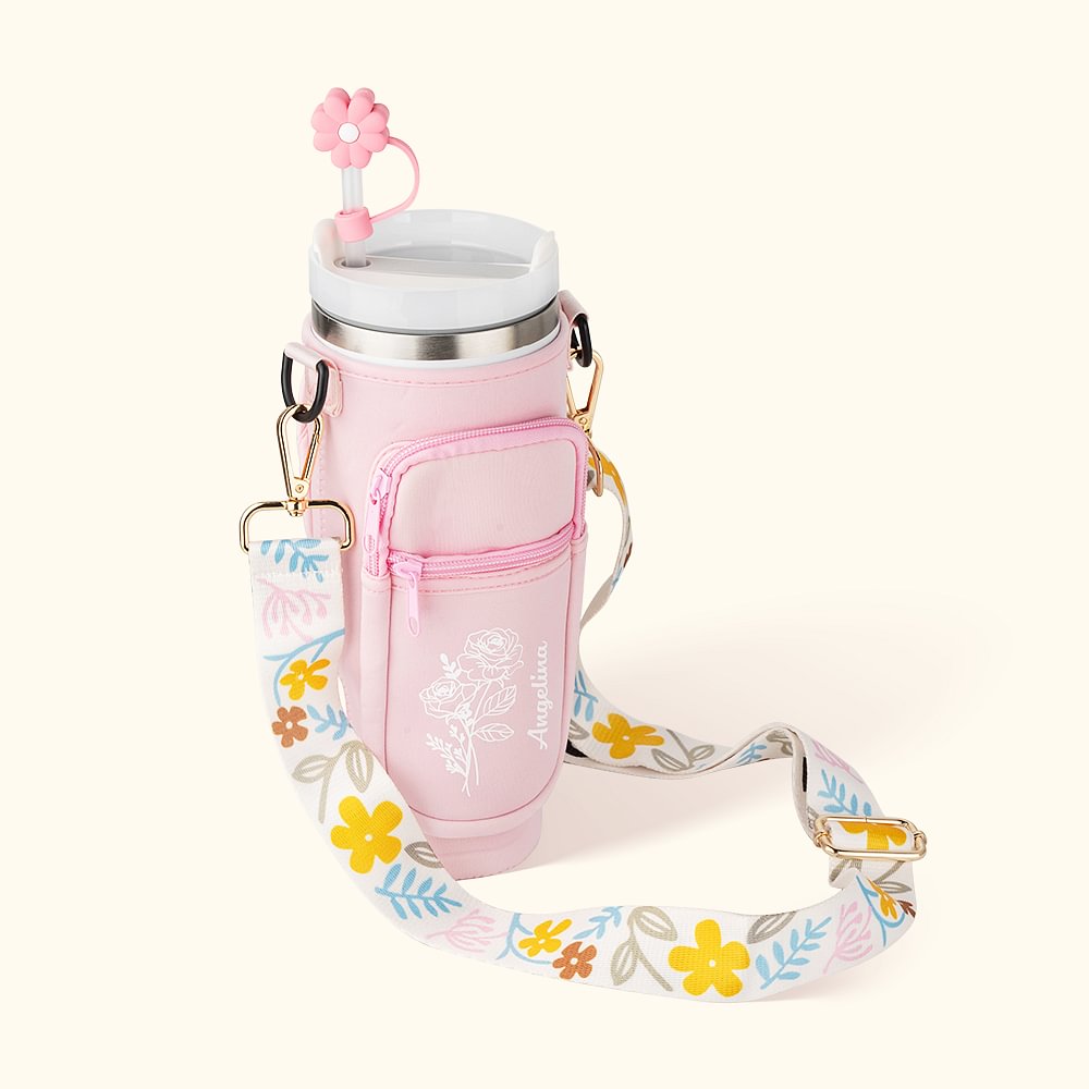Sac de Bouteille d'Eau 1180ml Personnalisé de Fleur Nom avec Sangle Réglable et Bouchon de Paille Cadeau d'Anniversaire pour Elle