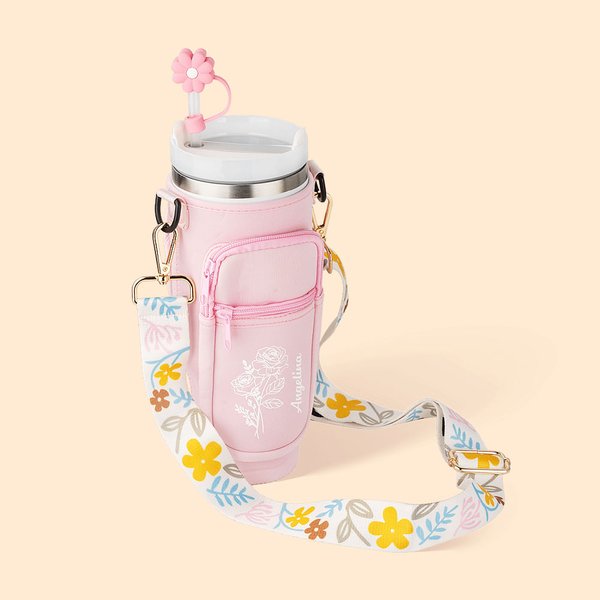 Personalised Waterproof Birth Flower Water Bottle Carrier Bag Pouch for 40oz Stanley with Adjustable Strap and Free Straw Topper Birthday Gift for Her