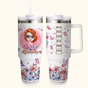 Personalisierte niedlichen Cartoon Mädchen rosa Blume Schmetterling 40oz Becher mit Namen Geburtstag Jahrestag Freundschaft Geschenk für Frauen