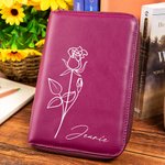 Personalized Birth Flower Name Leather Notebook Organizer with Notebook and Pen Storage Travel Accessory Birthday Gift for Travel Lovers