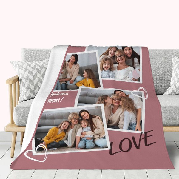 Couverture Polaire Sherpa Personnalisée avec 1-4 Photos et Texte Cadeau Souvenir Anniversaire Fête pour Famille Maman Grand-Mère