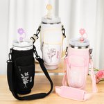 Personalized Waterproof Birth Flower Water Bottle Carrier Bag Pouch for 40oz Stanley with Adjustable Strap and Free Straw Topper Birthday Gift for Her