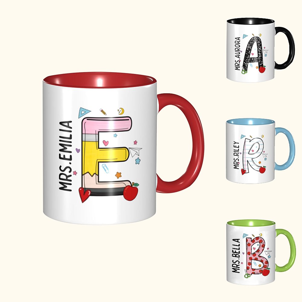 Mug en Céramique Personnalisé avec Nom et Initiale Style Crayon Cahier Papier Cadeau Anniversaire Retour à l'École pour Enseignant