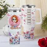 Personalized Cute Cartoon Girl Pink Flower Butterfly 40oz Tumbler with Name Birthday Anniversary Friendship Gift for Women