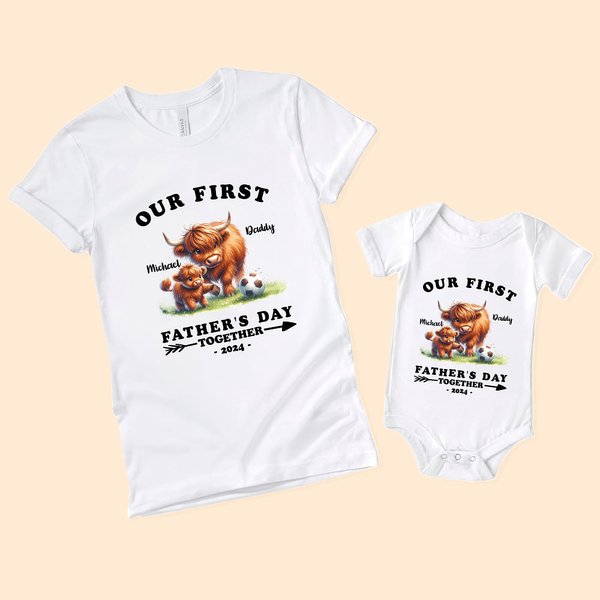T-shirt Onesie de Bébé 100% Coton Personnalisé avec Nom et Vache de Highland Cadeau pour Nouveau Papa Nouveau-né
