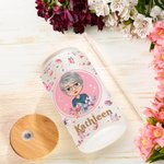 Gobelet en Verre Givré Personnalisé avec Nom et Personnage Verre avec Couvercle en Bambou et Paille Cadeau d'Anniversaire de Mariage pour Elle