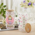 Gobelet en Verre Givré Personnalisé avec Nom et Personnage Verre avec Couvercle en Bambou et Paille Cadeau d'Anniversaire de Mariage pour Elle