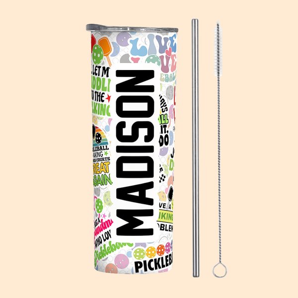 Gepersonaliseerde Pickleball Kleurrijke Naam 20oz Skinny Tumbler met Rietje Schoonmaakborstel Verjaardagscadeau voor Pickleball Fan Sportliefhebber