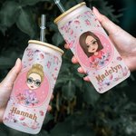 Gobelet en Verre Givré Personnalisé avec Nom et Personnage Verre avec Couvercle en Bambou et Paille Cadeau d'Anniversaire de Mariage pour Elle