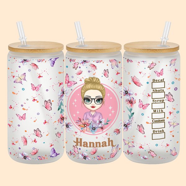 Personalisierter Milchglas-Becher 590ml Cartoon und Pink Schmetterling Blumen mit Bambus Deckel und Strohhalm Geburtstag Geschenk