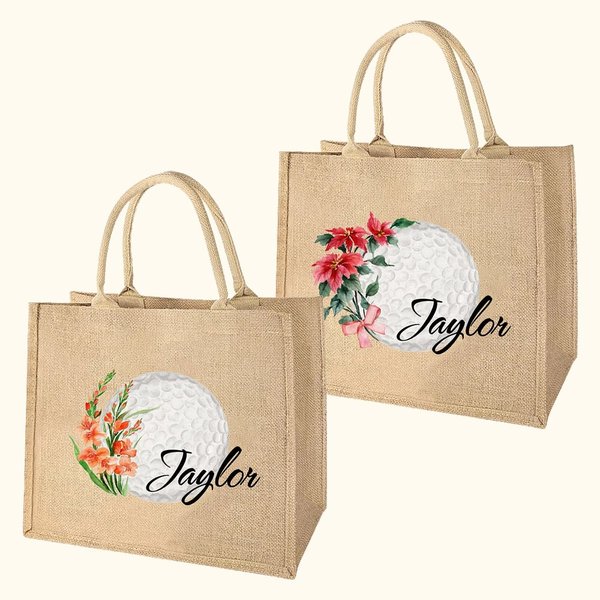 Personalisierte Aquarell Geburt Blume Golf Jute Tragetasche mit Namen große Kapazität Reise-Zubehör Geburtstag Spiel Tag Geschenk für Golfliebhaber