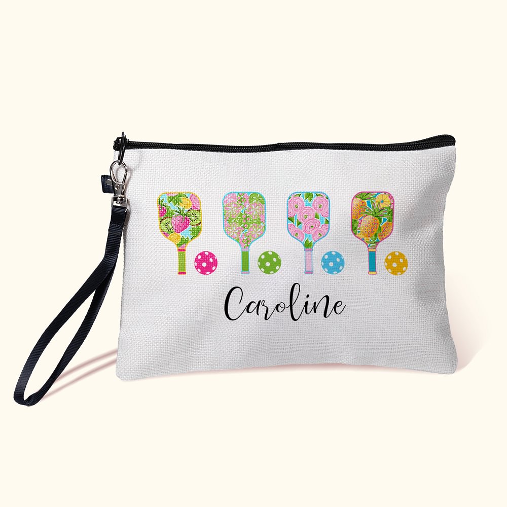Sac de Maquillage en Lin Personnalisé avec Nom Fermeture Éclair Cadeau d'Anniversaire pour Entraîneur Amoureux de Pickleball