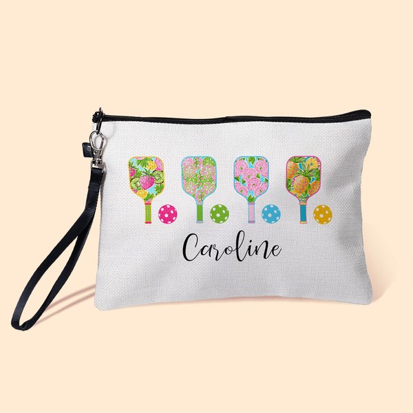 Gepersonaliseerd gestreept bloemen Pickleball linnen make-up tasje met naam en rits Verjaardagscadeau voor Pickleball liefhebber Coach