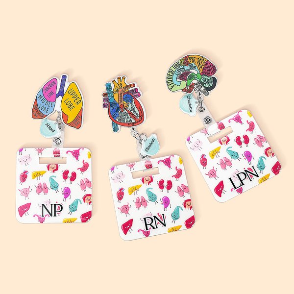 Personalised Anatomical Heart Brain Lungs Retractable Badge Reel with Name Charm and Badge Buddy Gift for Nurse Doctor Medical Student