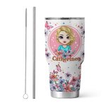 Personalized Pink Cartoon Girl Floral Butterfly 30oz Tumbler with Name Birthday Bridesmaid Gift for Women