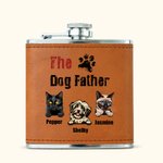 Personalisierte Der Hund Katze Vater Food-Grade-Edelstahl 6oz Whiskey-Flasche mit Lederbezug und Name Vatertag Geschenk für Papa Haustierliebhaber