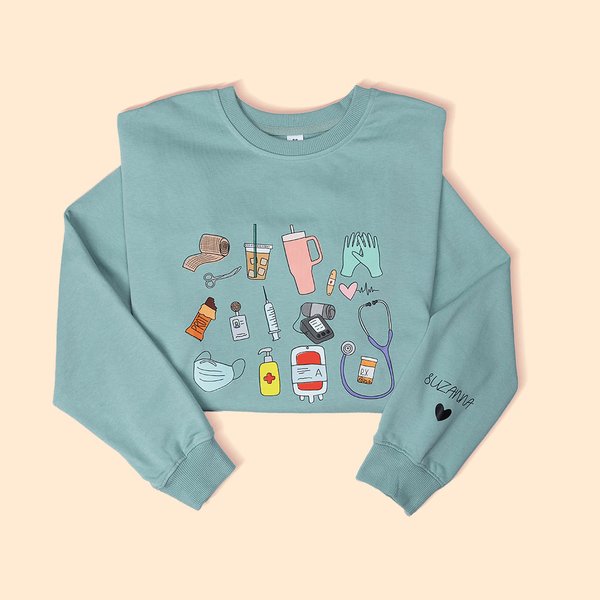 Personalizada Multicolor Instrumento Médico Diseño Patrón Camiseta Sudadera con Texto Enfermera Graduación Cumpleaños Regalo para Enfermera Médico