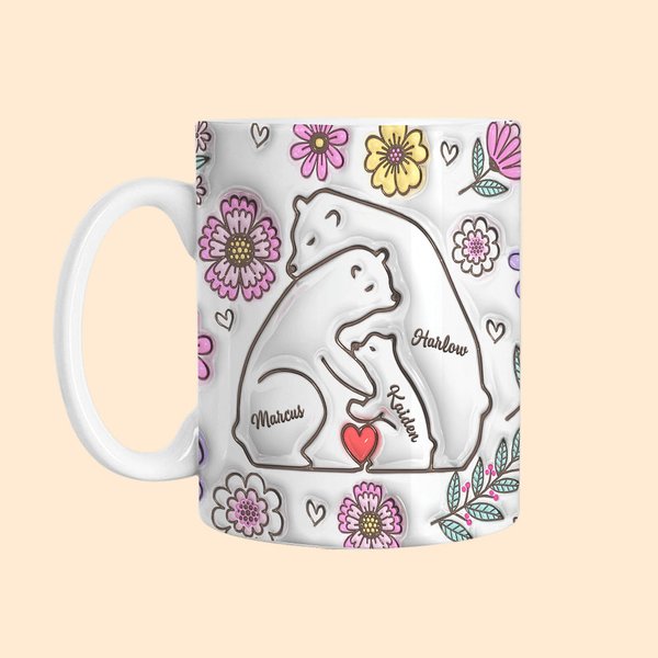 Personalized 3D-effect Floral Hugging Bears Mug with 2-9 Names Father's Day Birthday Gift for Family