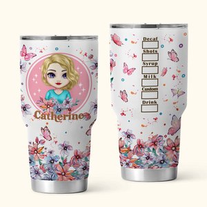 Personalised Pink Cartoon Girl Floral Butterfly 30oz Tumbler with Name Birthday Bridesmaid Gift for Women
