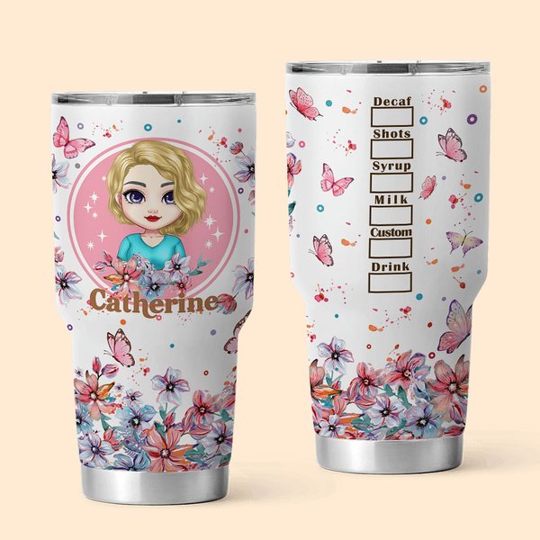 Gepersonaliseerde Roze Cartoon Meisje Bloemen Vlinder 30oz Tumbler met Naam Verjaardag Bruidsmeisje Cadeau voor Vrouwen