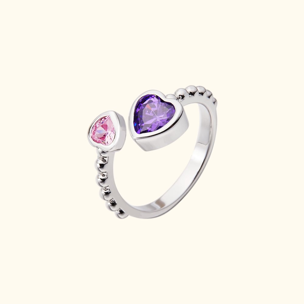 Bague Ouverte Réglable avec Double Cœurs Personnalisée avec Pierres de Naissance Cadeau d'Anniversaire et Fête des Mères pour Femme