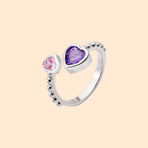 Double Heart Birthstones Adjustable Open Ring