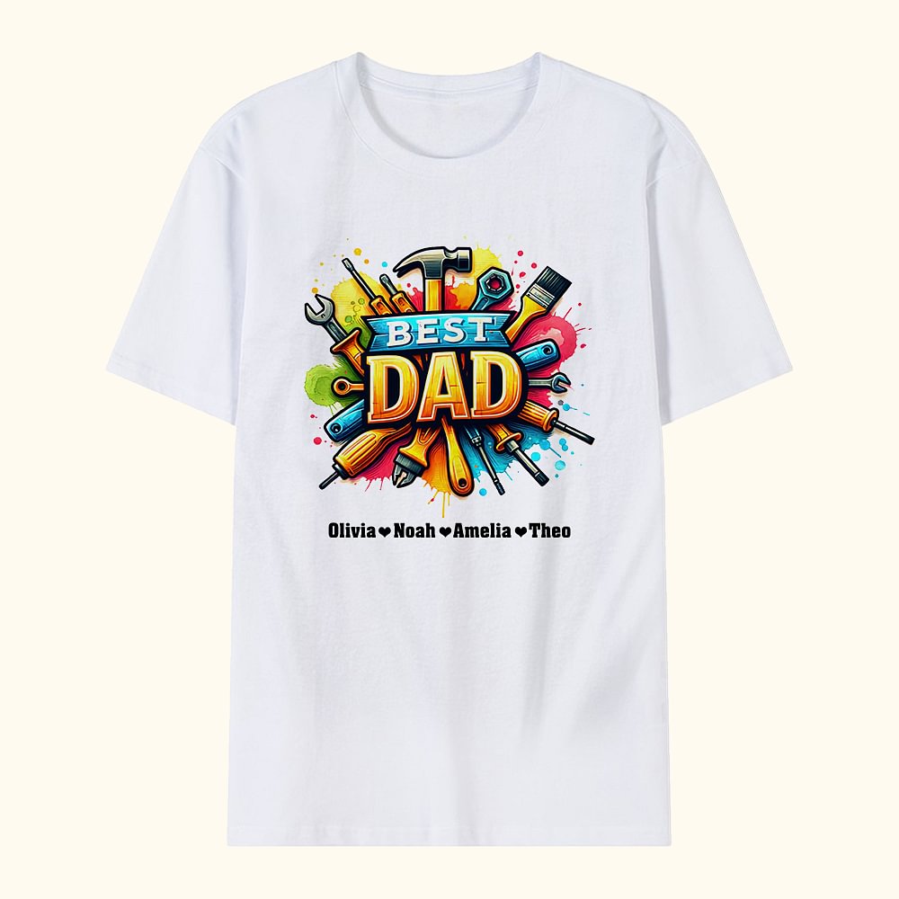 T-shirt 100% Coton Personnalisé avec 1-8 Noms d'Enfants Cadeau de Fête des Pères d'Anniversaire pour Papa Grand-père