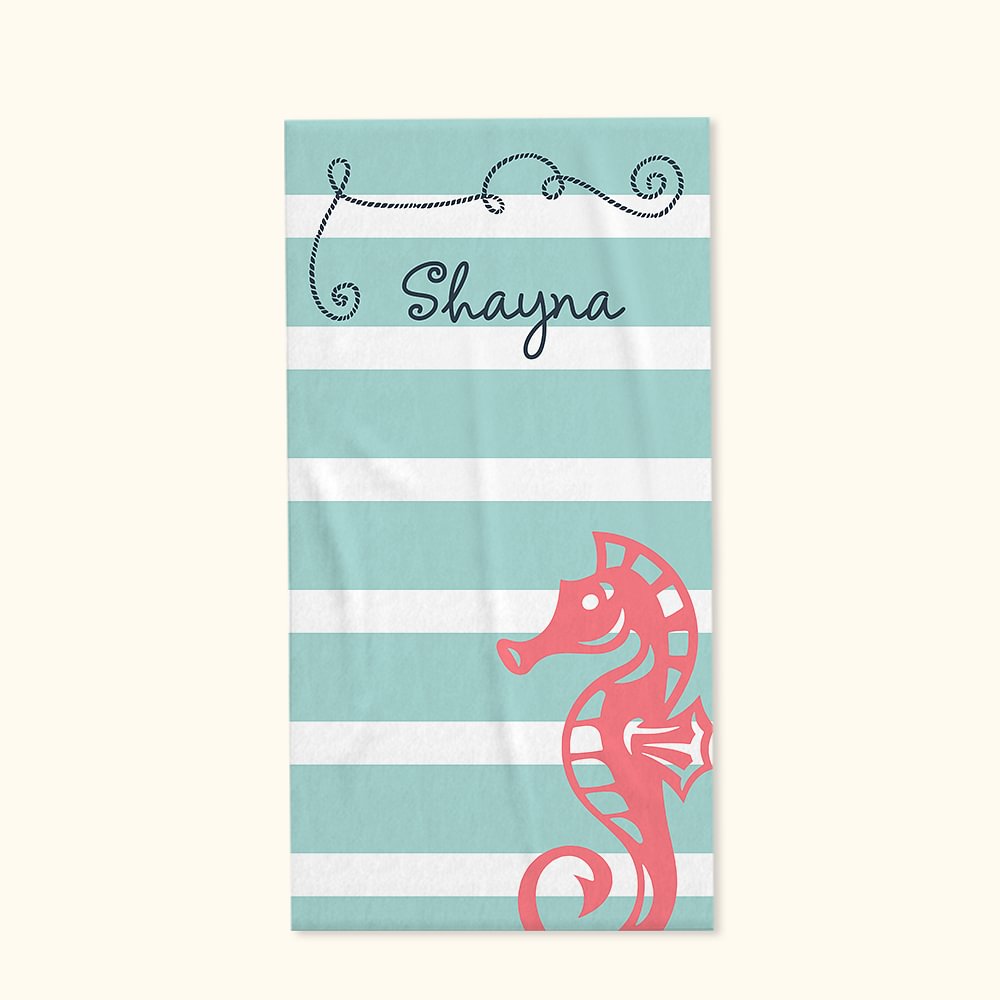 Serviette de Plage à Rayures Personnalisée avec Nom Hippocampe Coquillage Ancre Super Absorbante Séchage Rapide Cadeau Vacances d'Été pour Famille