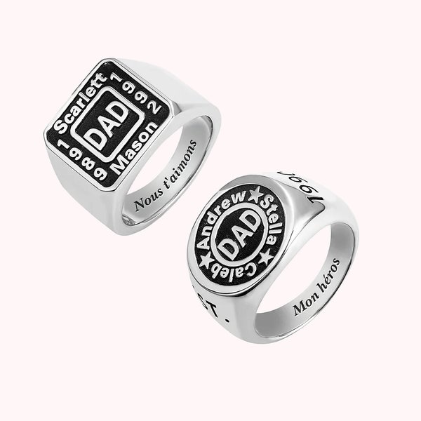 Bague Homme avec Gravure Personnalisée Chevalière Personnalisable avec Prénoms et Texte Cadeau Anniversaire Fête des Pères pour Papa Grand-Père
