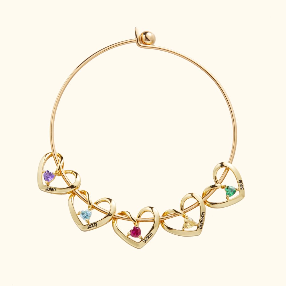Bracelet Familial Personnalisé avec 1-12 Noms Gravés et Pierres de Naissance Incrustées sur Breloques en Cœur Cadeau Anniversaire Fête pour Femme