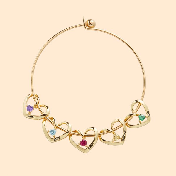 Heart Charms Family Bangle Engraved Names Birthstones